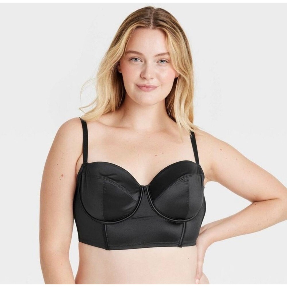 Auden Intimates Womens XXL Black Satin Longline Bustier Corset Bra Underwire